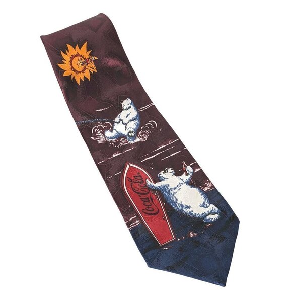 Coca Cola Polar Bear Water Skiing Surfboard Sun Drinking Coke Novelty Necktie - Picture 1 of 6